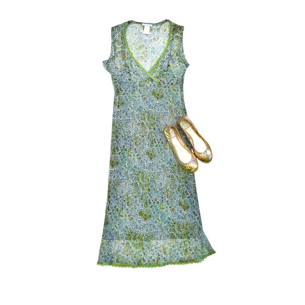 Vintage Y2K Green Paisley Mesh Overlay Slip Midi Dress Fairycore Boho Resort EUC - Picture 2 of 16